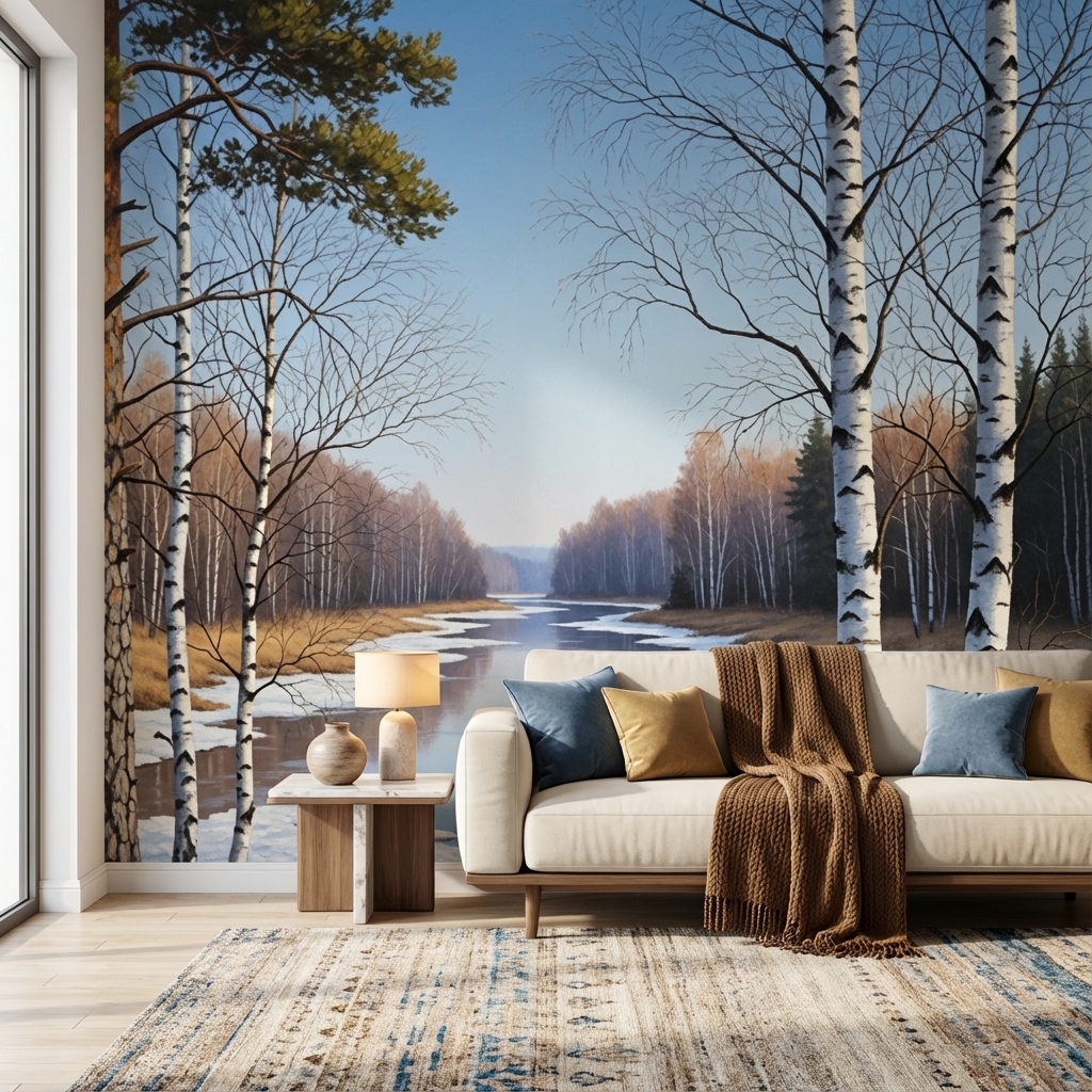 Kış Nehir Manzarası Duvar Kağıdı – Peel & Stick Doğa Temalı Modern Duvar Kağıdı