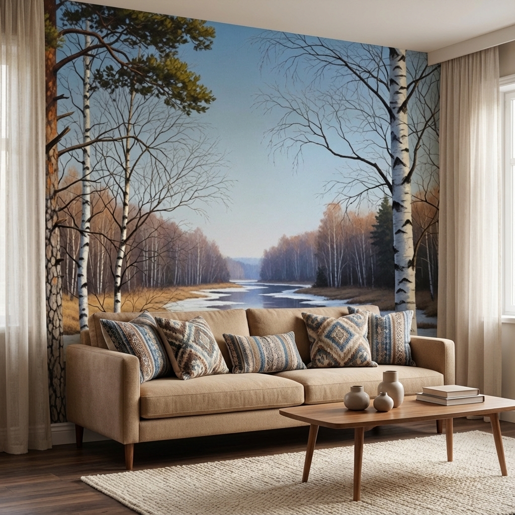Kış Nehir Manzarası Duvar Kağıdı – Peel & Stick Doğa Temalı Modern Duvar Kağıdı