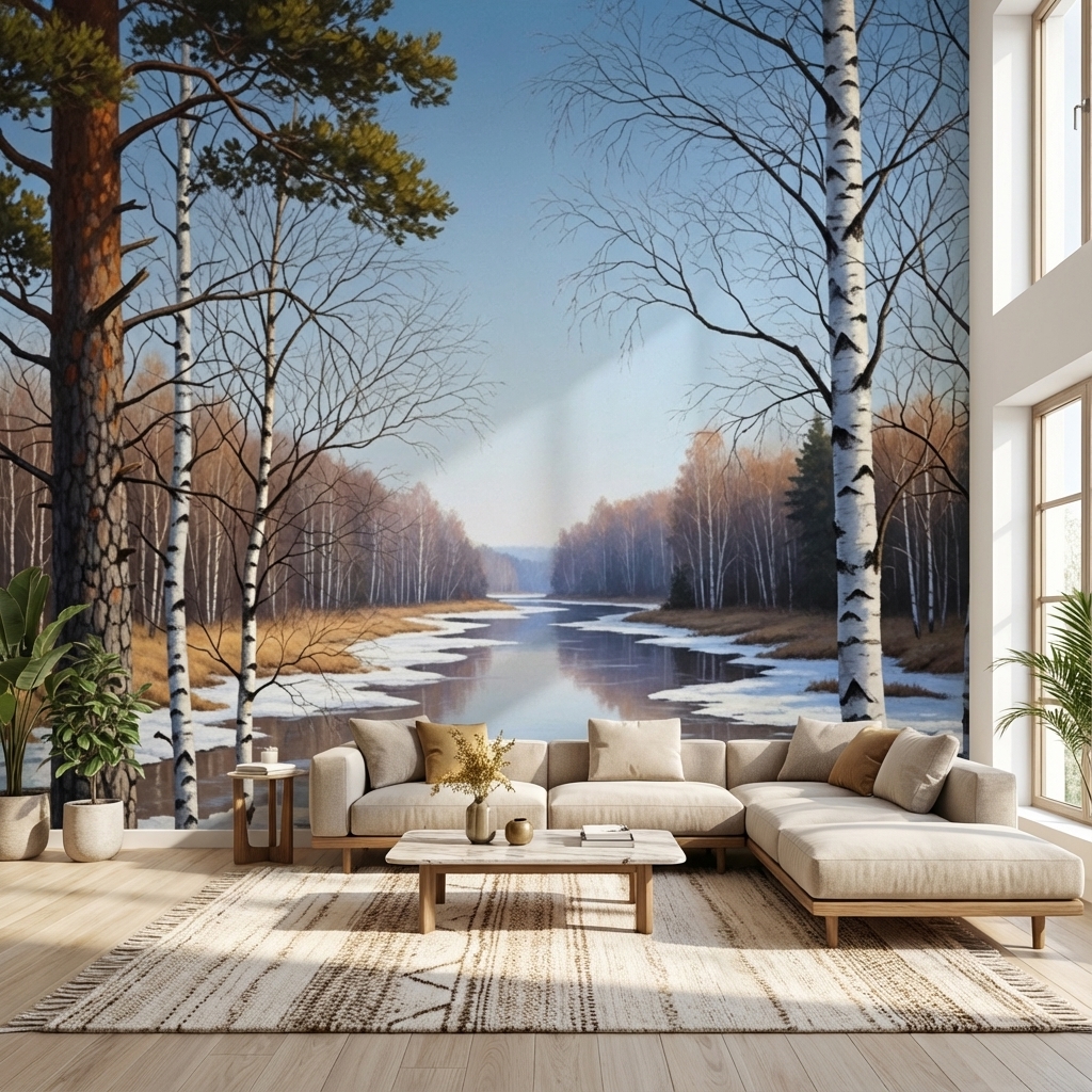 Kış Nehir Manzarası Duvar Kağıdı – Peel & Stick Doğa Temalı Modern Duvar Kağıdı