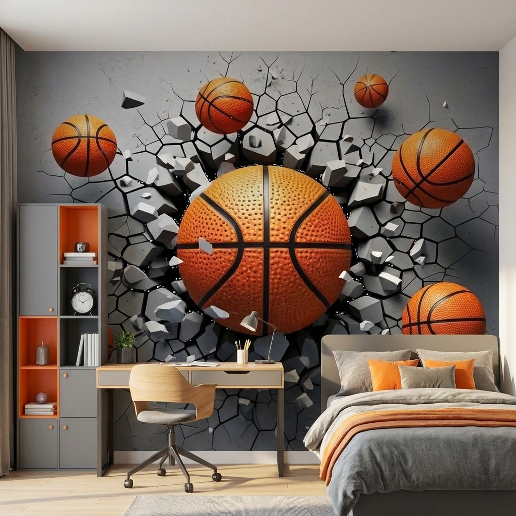 Basketbol Temalı 3D Duvar Kağıdı – Peel & Stick Spor Odası Duvar Kağıdı