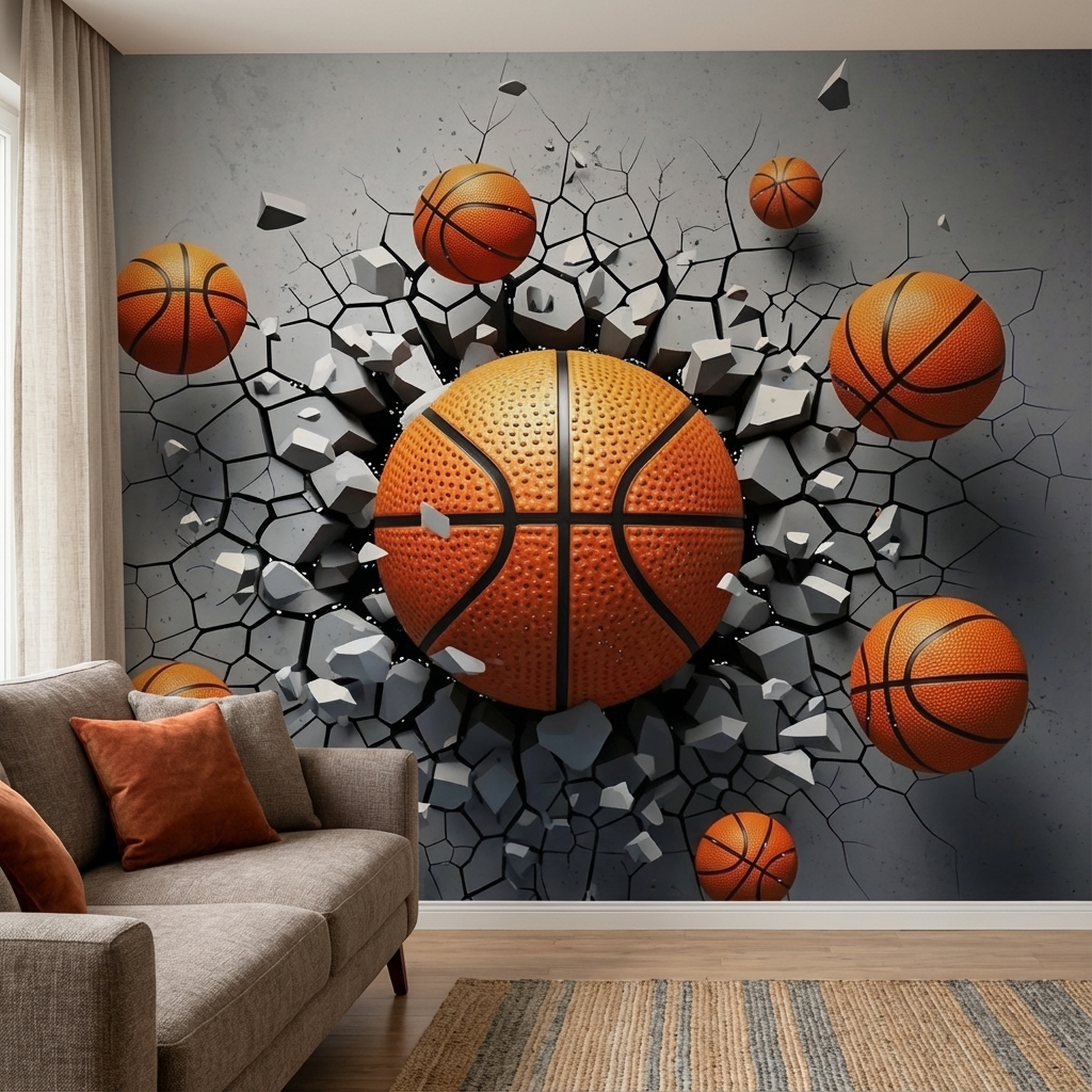 Basketbol Temalı 3D Duvar Kağıdı – Peel & Stick Spor Odası Duvar Kağıdı