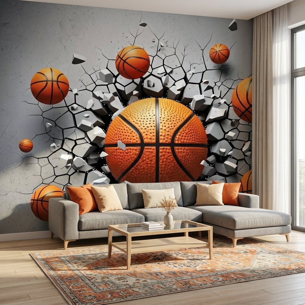 Basketbol Temalı 3D Duvar Kağıdı – Peel & Stick Spor Odası Duvar Kağıdı