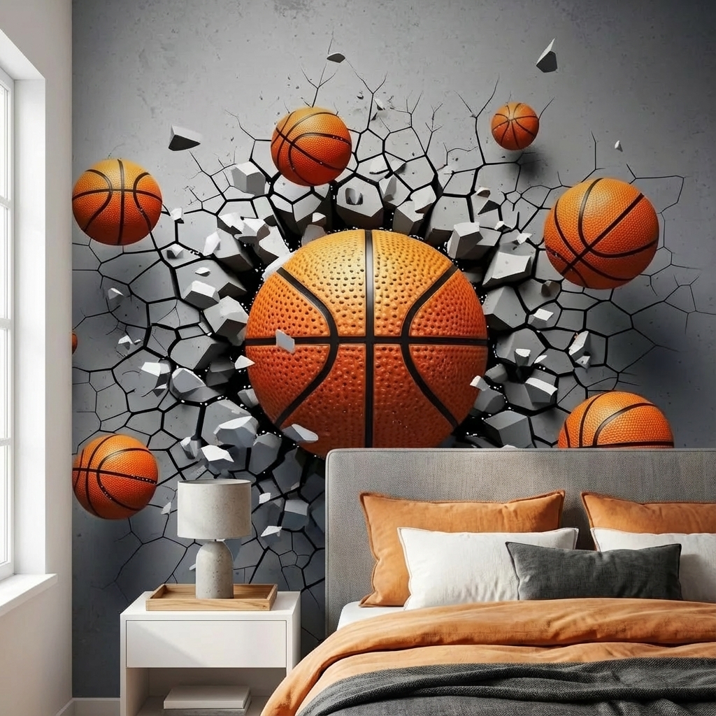 Basketbol Temalı 3D Duvar Kağıdı – Peel & Stick Spor Odası Duvar Kağıdı