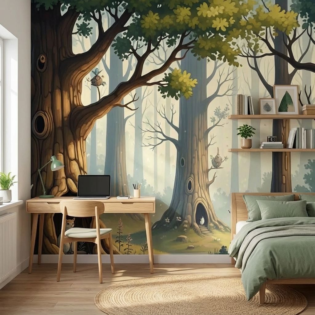 Masalsı Orman Ağaç Evleri Duvar Kağıdı – Peel & Stick Çocuk Odası Duvar Kağıdı