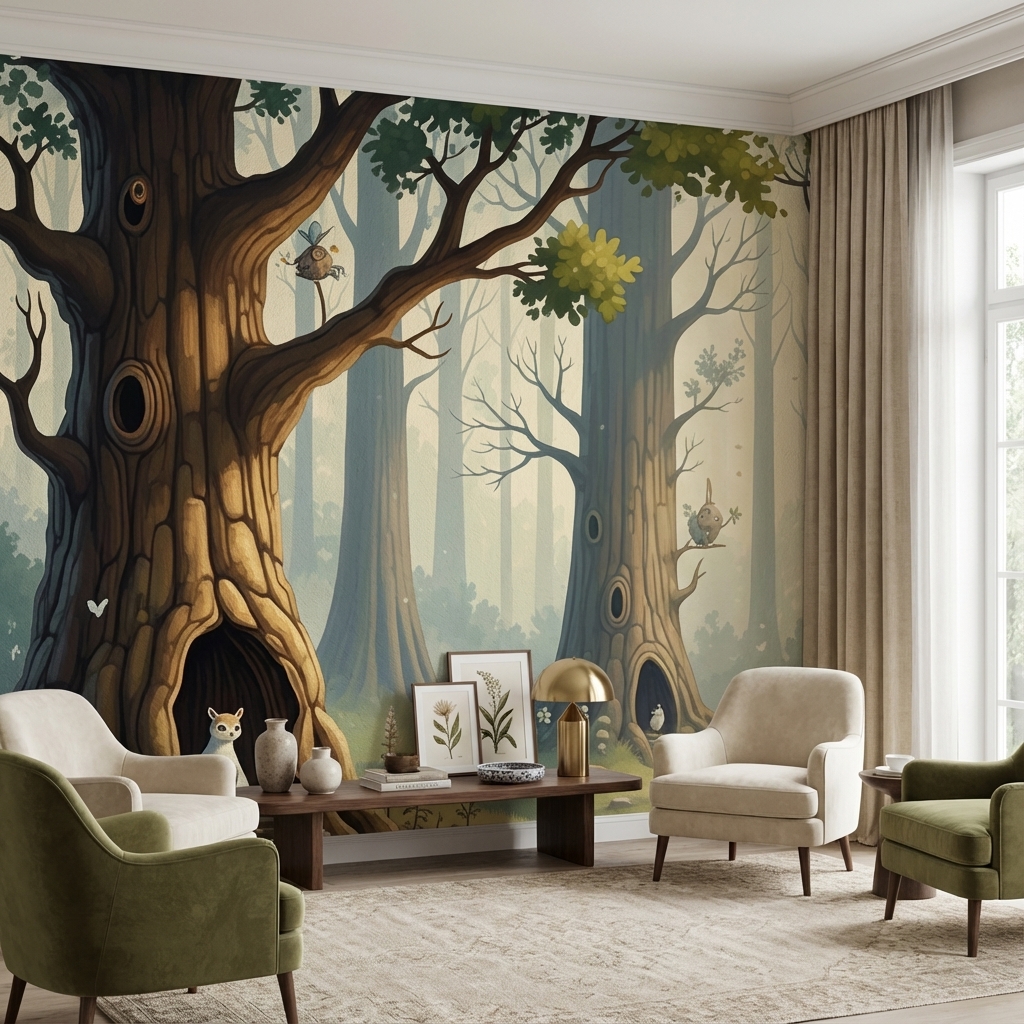 Masalsı Orman Ağaç Evleri Duvar Kağıdı – Peel & Stick Çocuk Odası Duvar Kağıdı