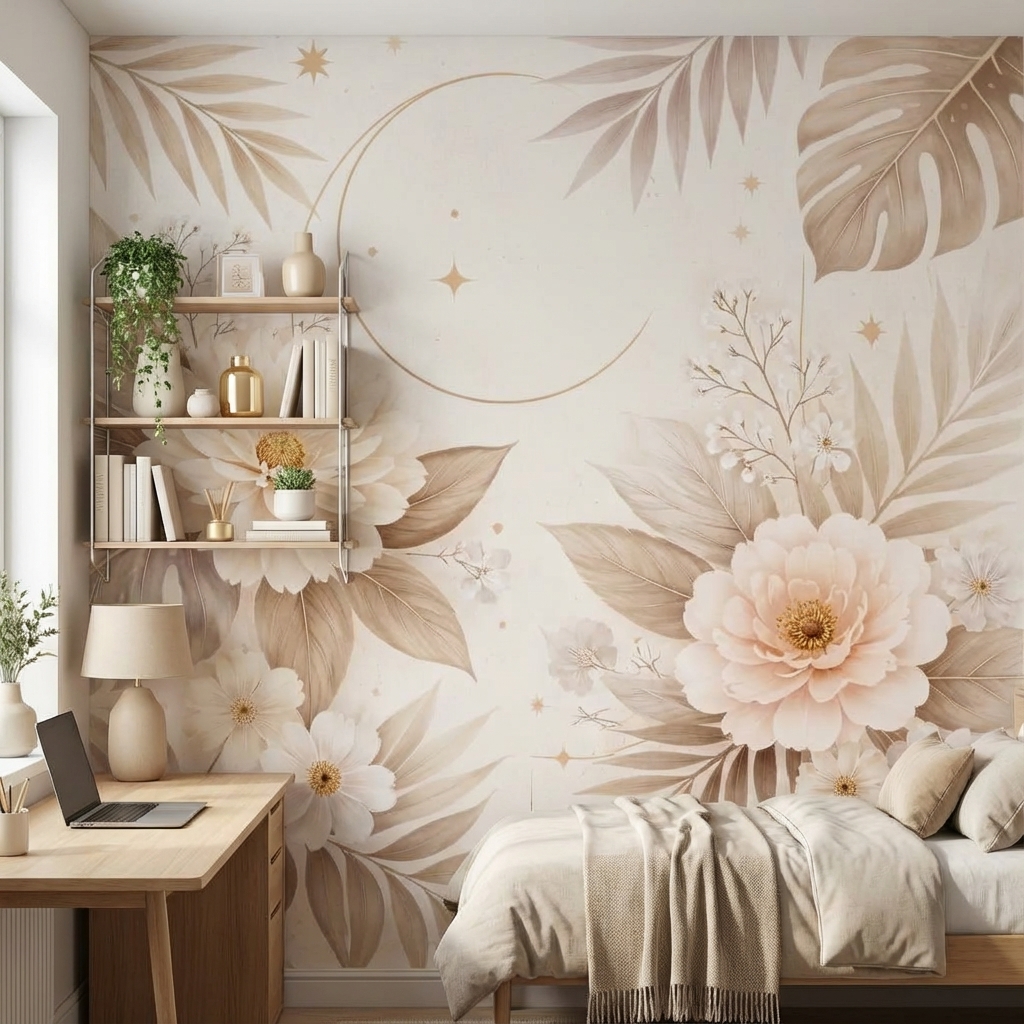 Bej Floral Duvar Kağıdı – Peel & Stick Zarif Çiçek Desenli Duvar Kağıdı