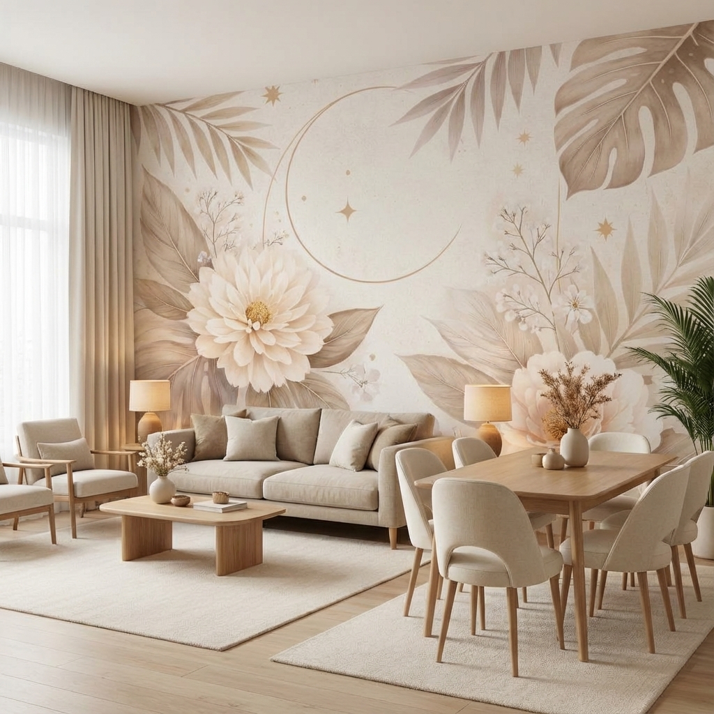 Bej Floral Duvar Kağıdı – Peel & Stick Zarif Çiçek Desenli Duvar Kağıdı