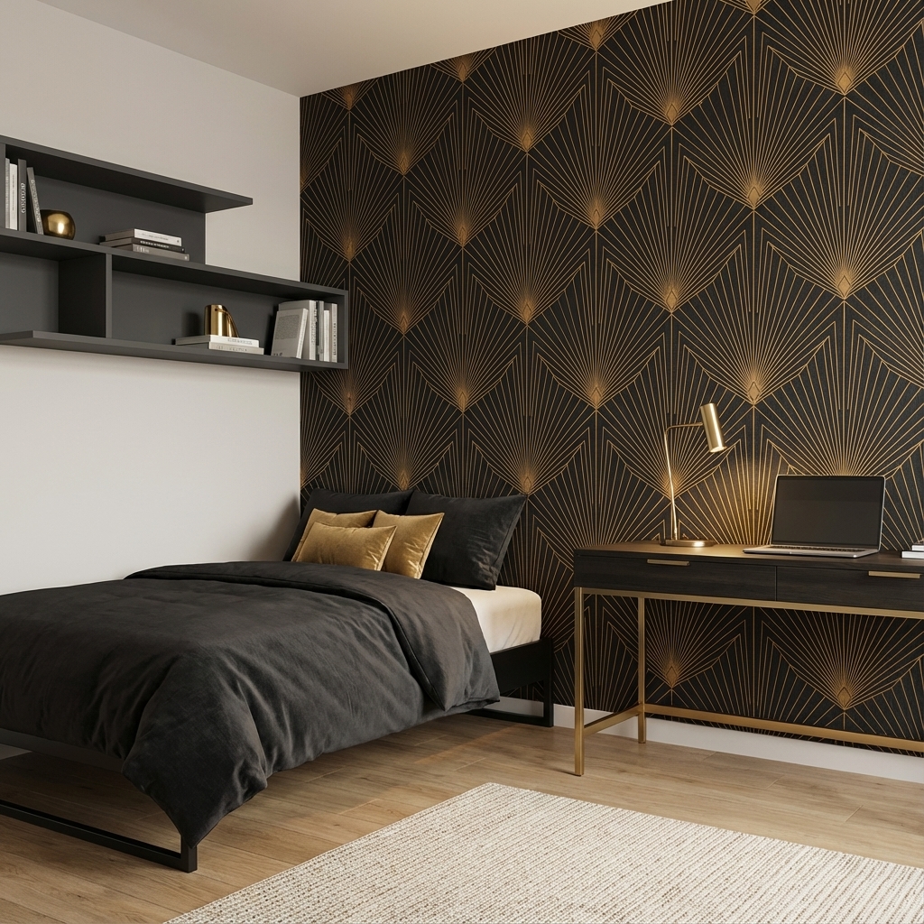 Art Deco Siyah Altın Duvar Kağıdı – Peel & Stick Geometrik Desenli Duvar Kağıdı