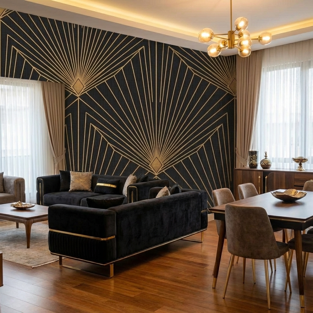 Art Deco Siyah Altın Duvar Kağıdı – Peel & Stick Geometrik Desenli Duvar Kağıdı
