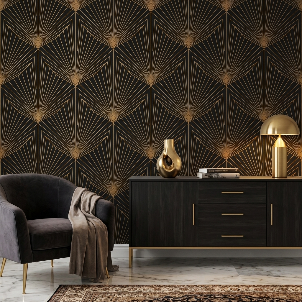 Art Deco Siyah Altın Duvar Kağıdı – Peel & Stick Geometrik Desenli Duvar Kağıdı