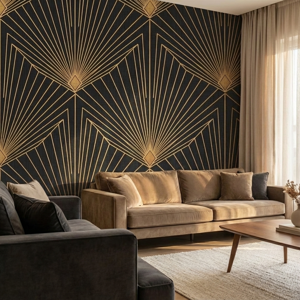 Art Deco Siyah Altın Duvar Kağıdı – Peel & Stick Geometrik Desenli Duvar Kağıdı