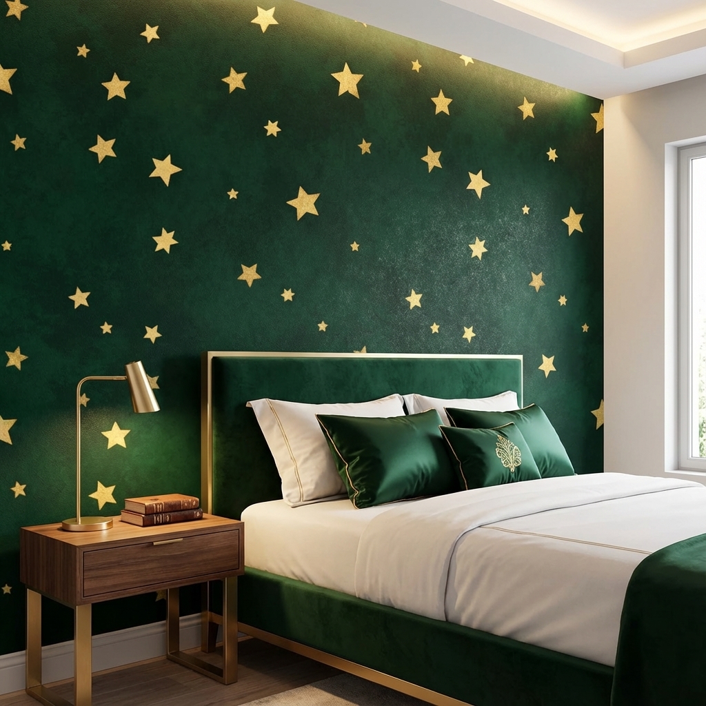 Yeşil Altın Yıldız Duvar Kağıdı – Peel & Stick Minimal Desenli Duvar Kağıdı