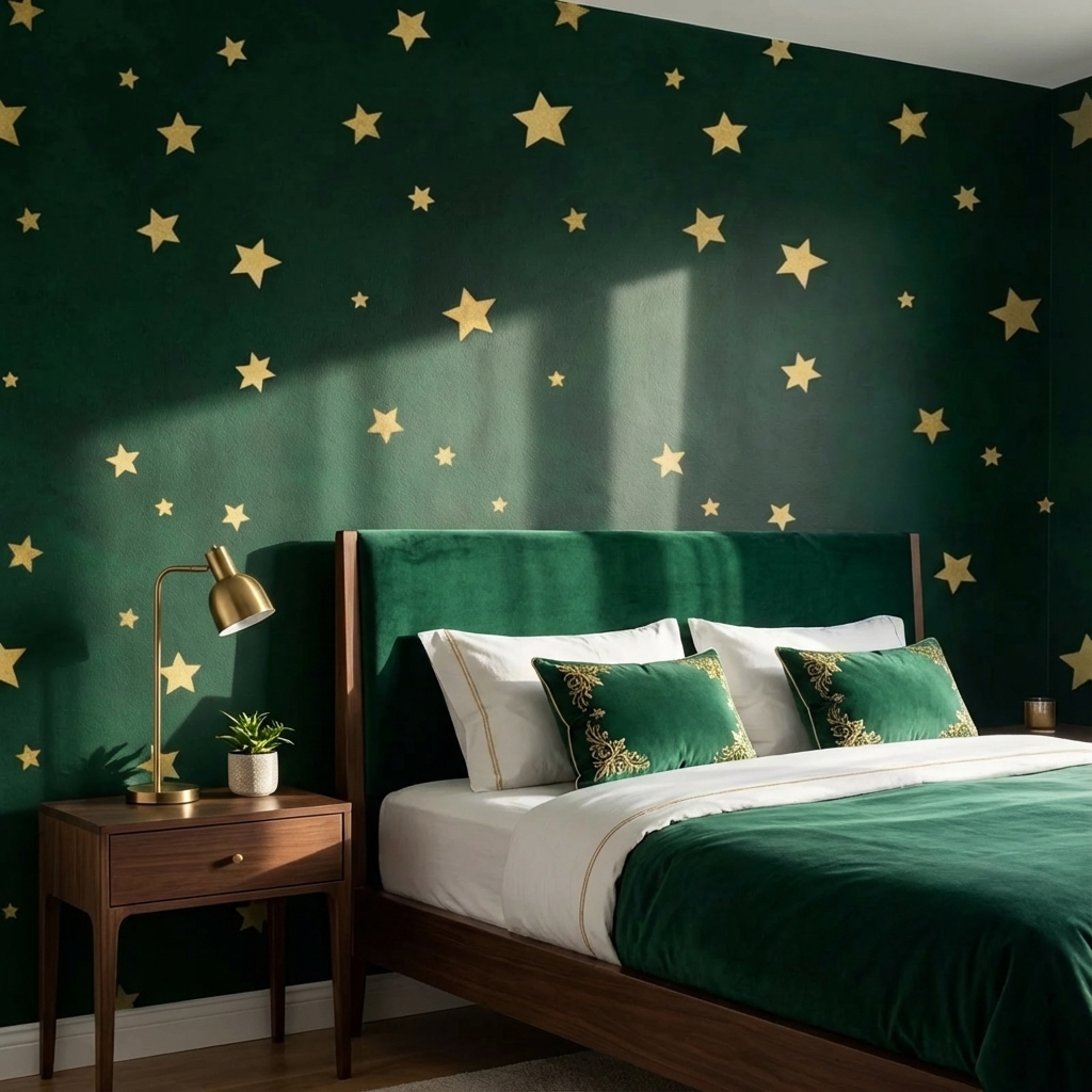Yeşil Altın Yıldız Duvar Kağıdı – Peel & Stick Minimal Desenli Duvar Kağıdı
