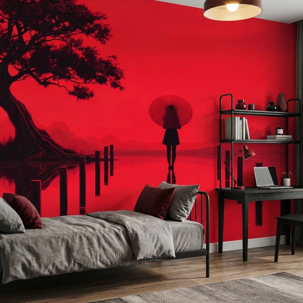 Japon Kırmızı Minimal Duvar Kağıdı – Peel & Stick Zen & Asya Temalı Duvar Kağıdı