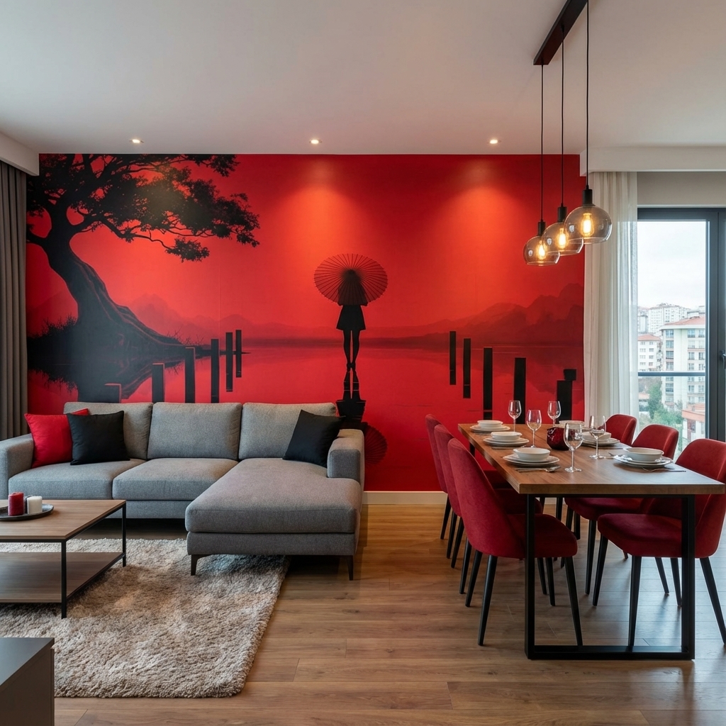 Japon Kırmızı Minimal Duvar Kağıdı – Peel & Stick Zen & Asya Temalı Duvar Kağıdı