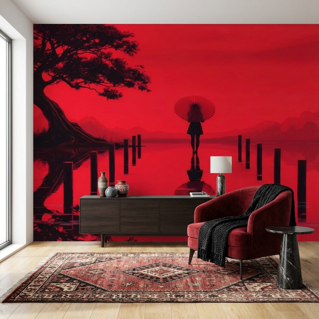 Japon Kırmızı Minimal Duvar Kağıdı – Peel & Stick Zen & Asya Temalı Duvar Kağıdı