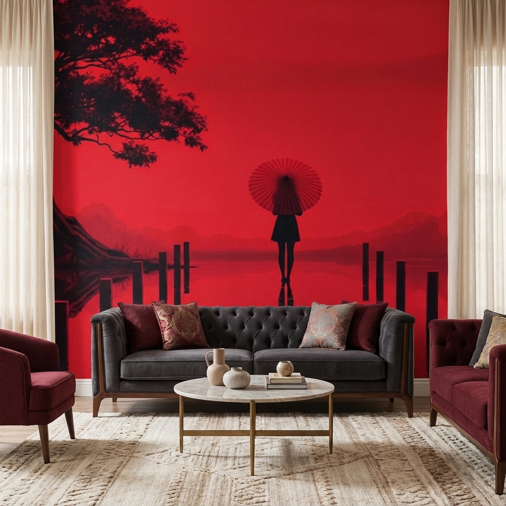 Japon Kırmızı Minimal Duvar Kağıdı – Peel & Stick Zen & Asya Temalı Duvar Kağıdı