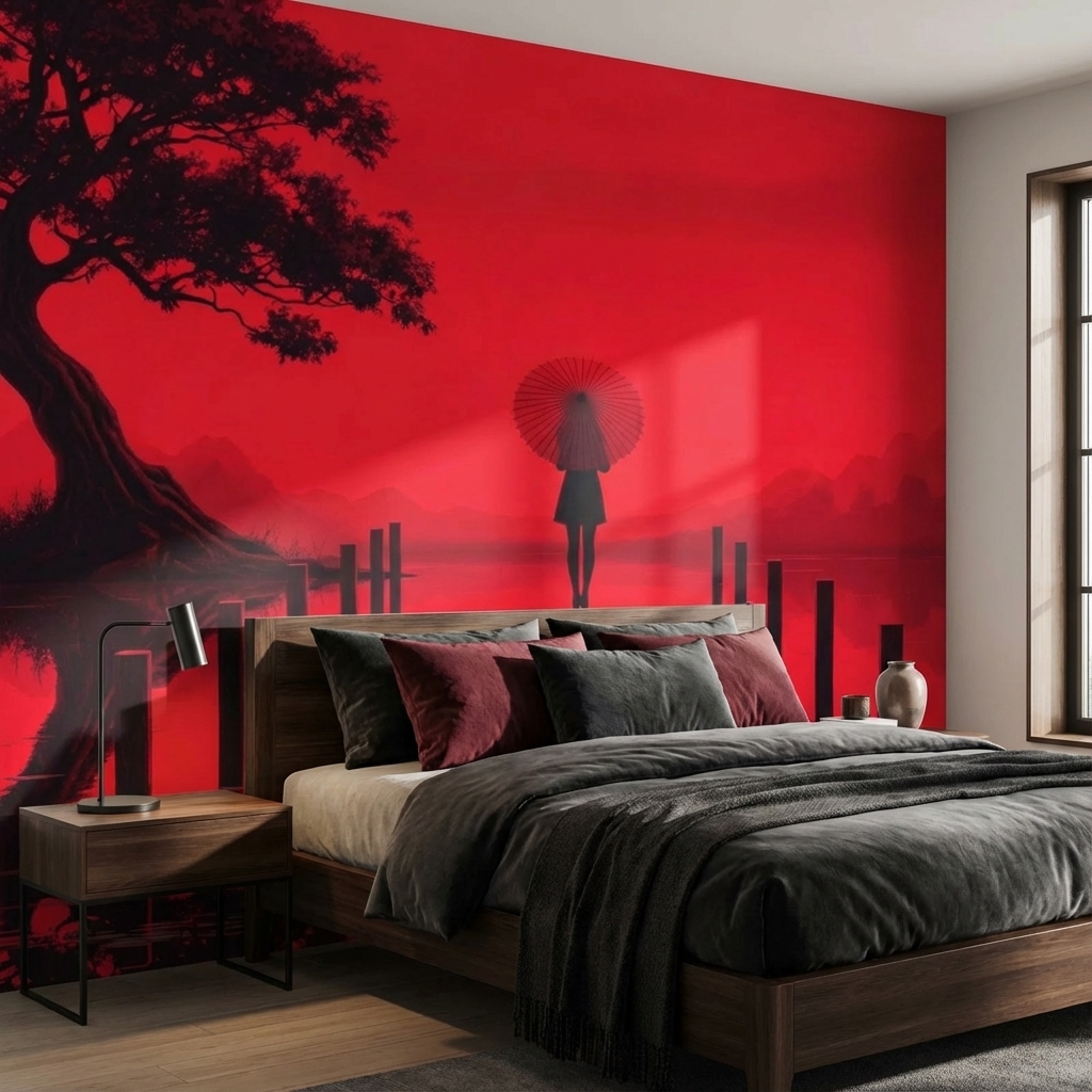 Japon Kırmızı Minimal Duvar Kağıdı – Peel & Stick Zen & Asya Temalı Duvar Kağıdı