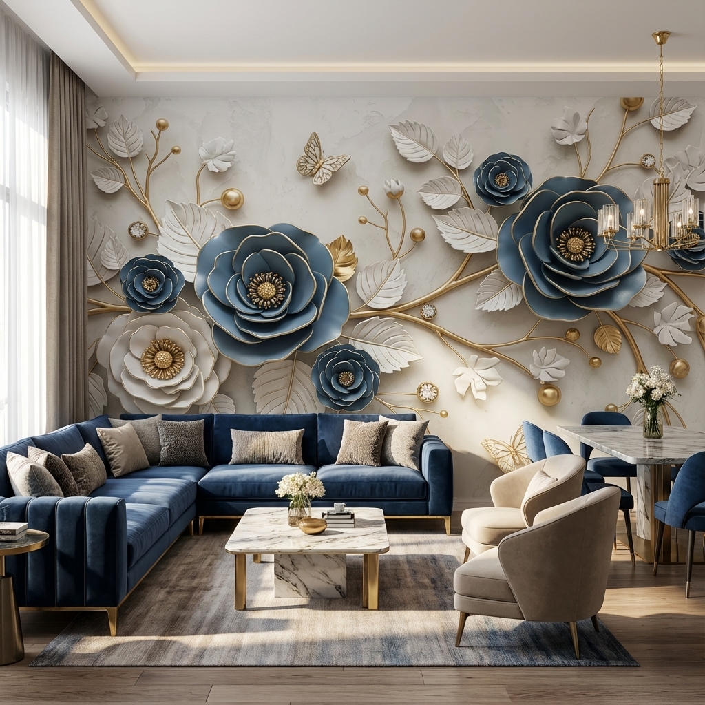 Mavi Altın 3D Çiçek Duvar Kağıdı – Peel & Stick Lüks Floral Duvar Kağıdı
