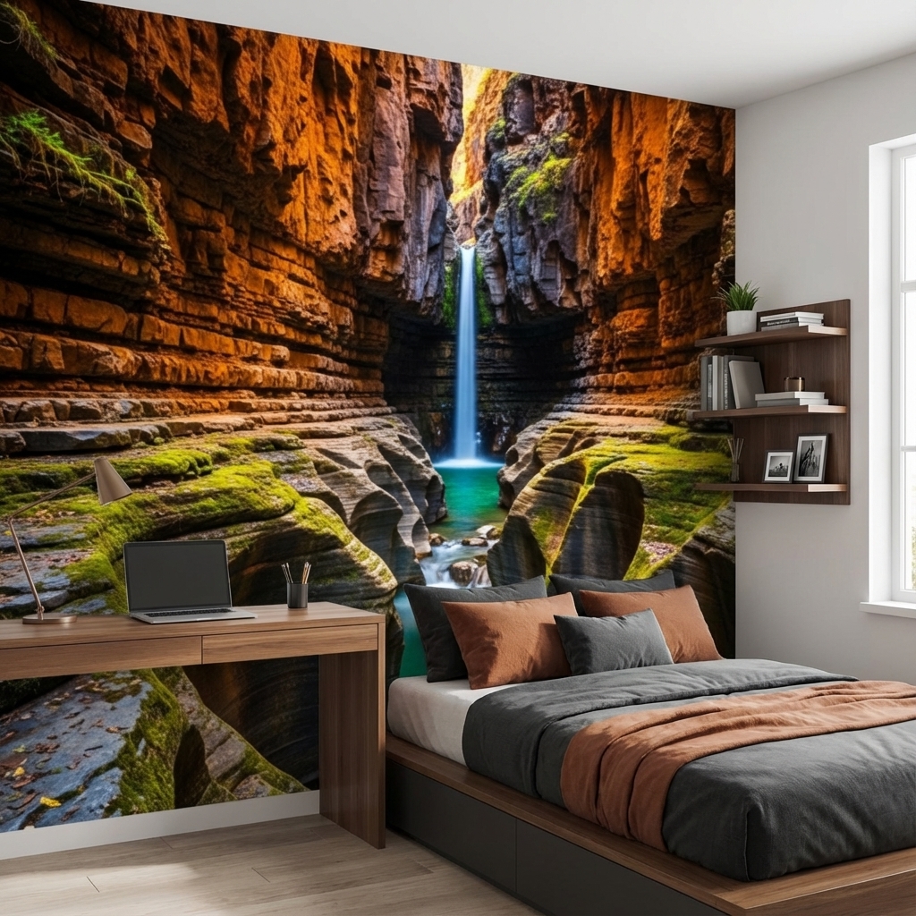 Kanyon ve Şelale Manzarası Duvar Kağıdı – Doğa Temalı Peel & Stick Duvar Kağıdı