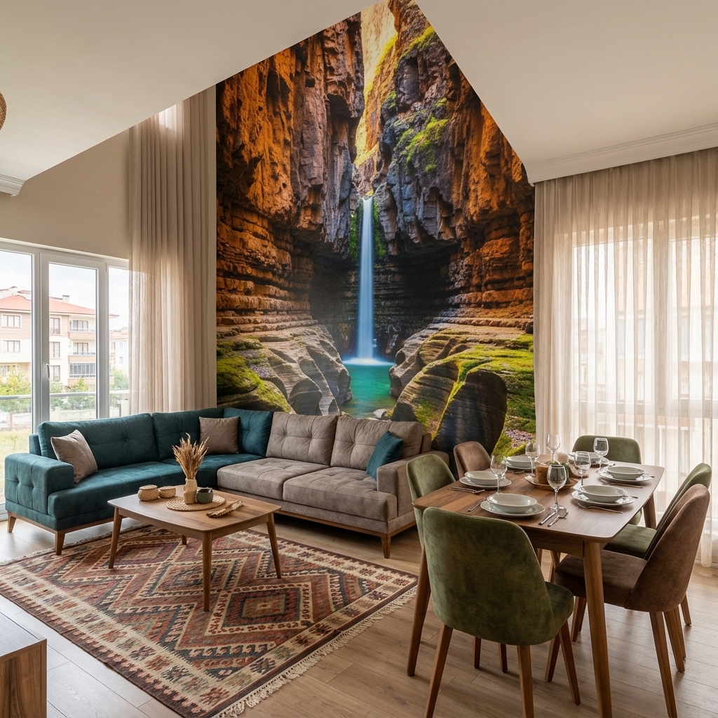 Kanyon ve Şelale Manzarası Duvar Kağıdı – Doğa Temalı Peel & Stick Duvar Kağıdı