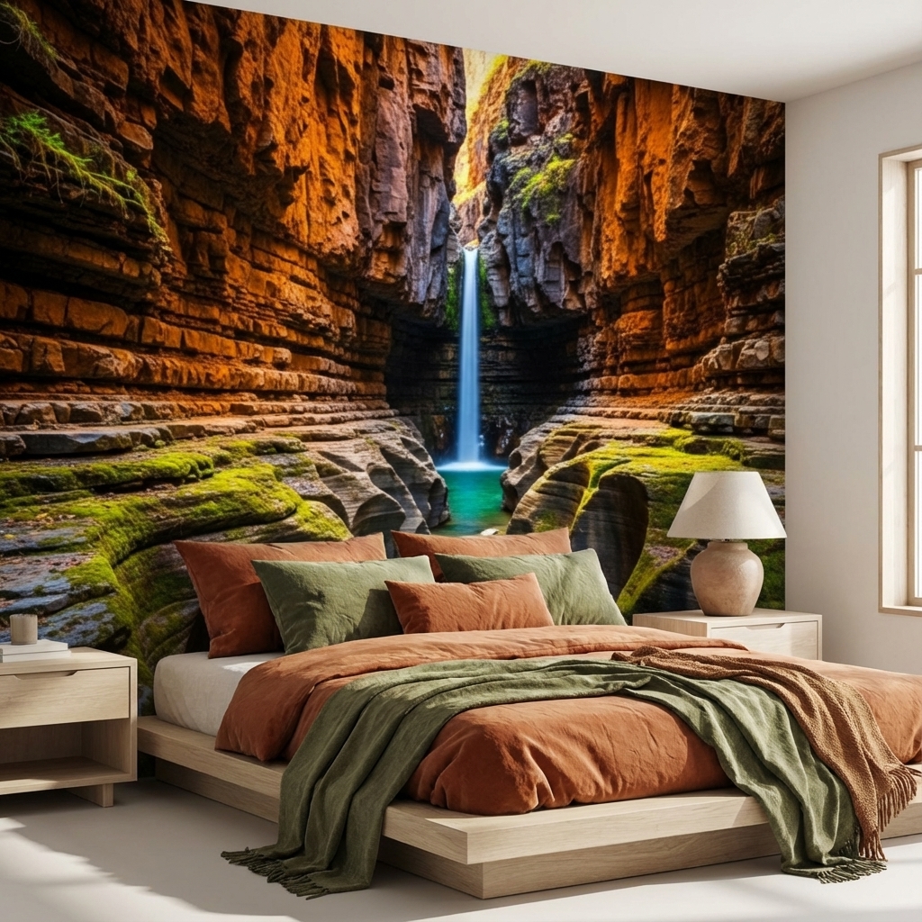 Kanyon ve Şelale Manzarası Duvar Kağıdı – Doğa Temalı Peel & Stick Duvar Kağıdı
