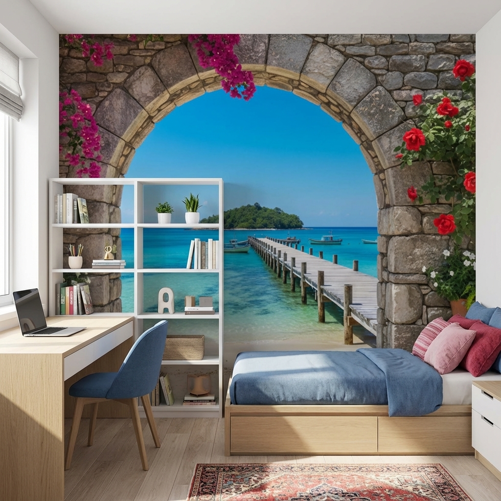 Deniz ve İskele Manzarası Duvar Kağıdı – Akdeniz Temalı Peel & Stick Duvar Kağıdı