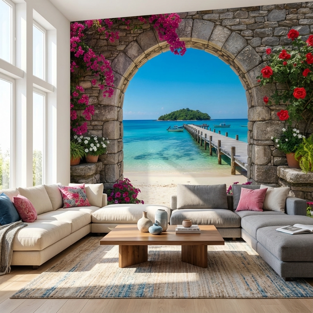 Deniz ve İskele Manzarası Duvar Kağıdı – Akdeniz Temalı Peel & Stick Duvar Kağıdı