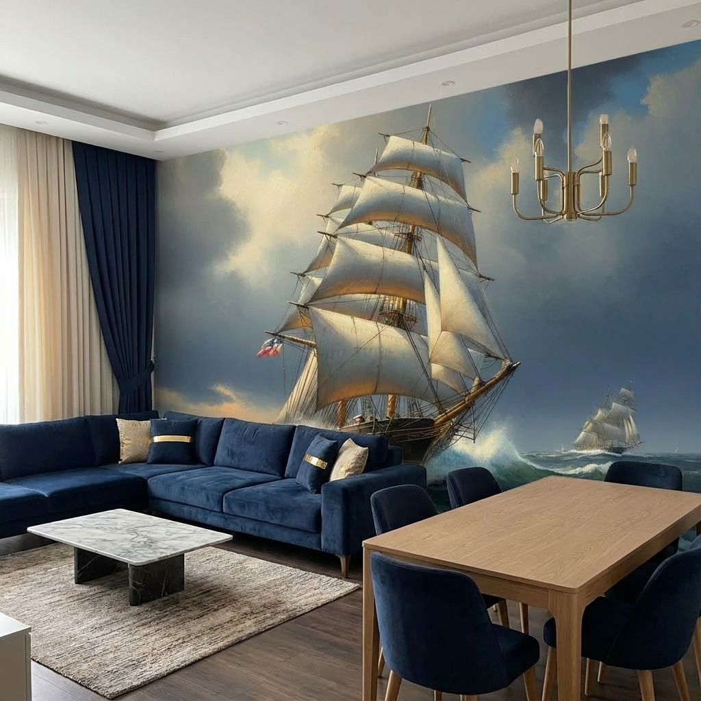 Fırtınalı Deniz ve Yelkenli Gemi Duvar Kağıdı – Denizcilik Temalı Peel & Stick Duvar Kağıdı