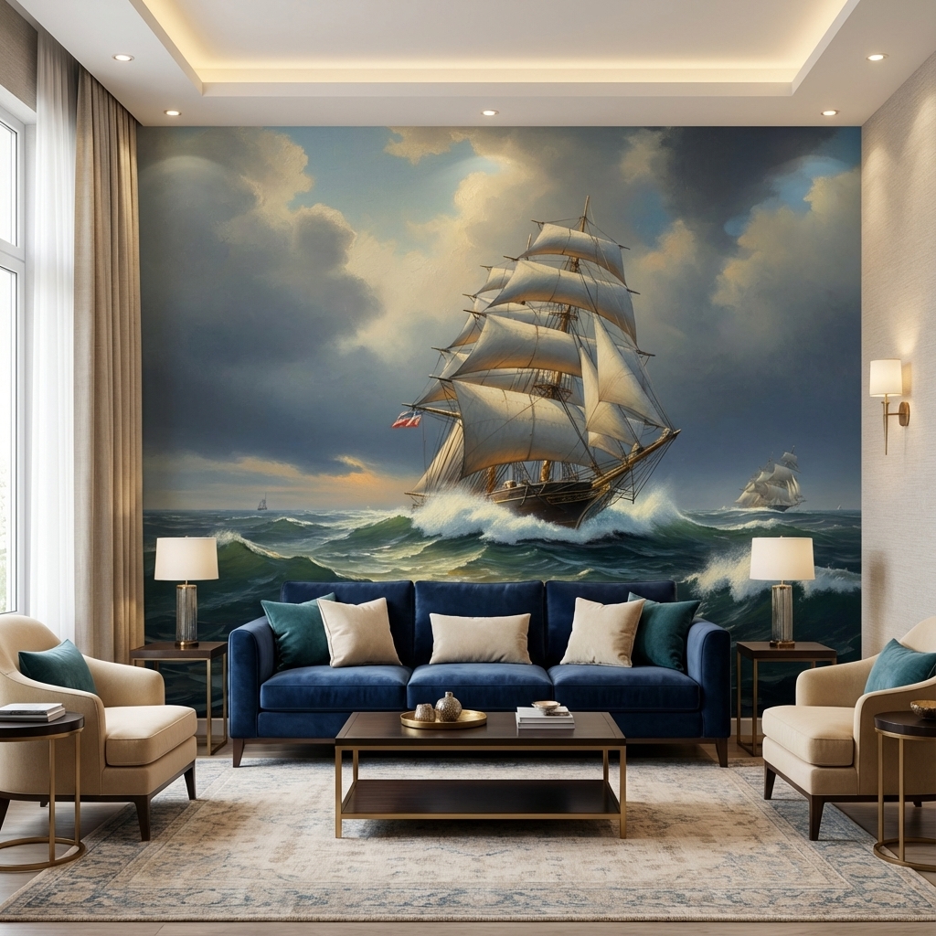 Fırtınalı Deniz ve Yelkenli Gemi Duvar Kağıdı – Denizcilik Temalı Peel & Stick Duvar Kağıdı
