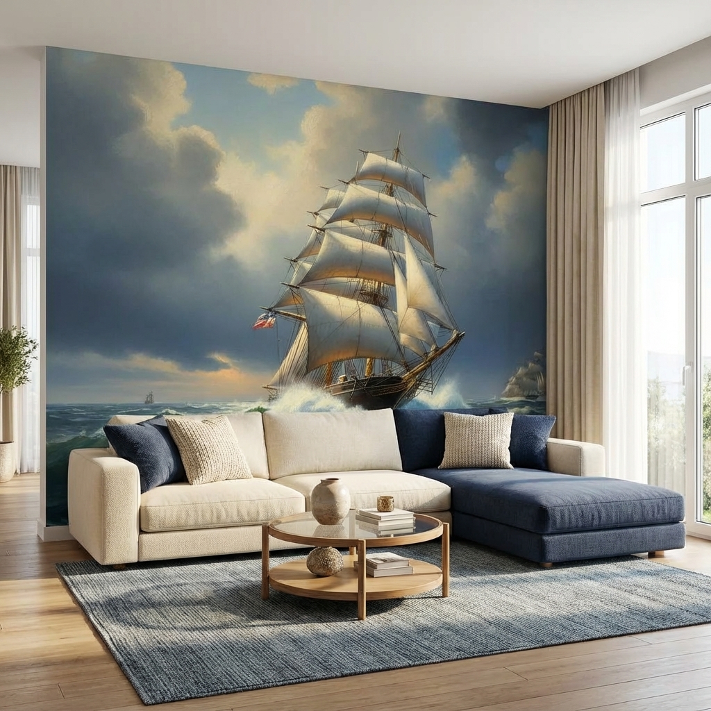 Fırtınalı Deniz ve Yelkenli Gemi Duvar Kağıdı – Denizcilik Temalı Peel & Stick Duvar Kağıdı