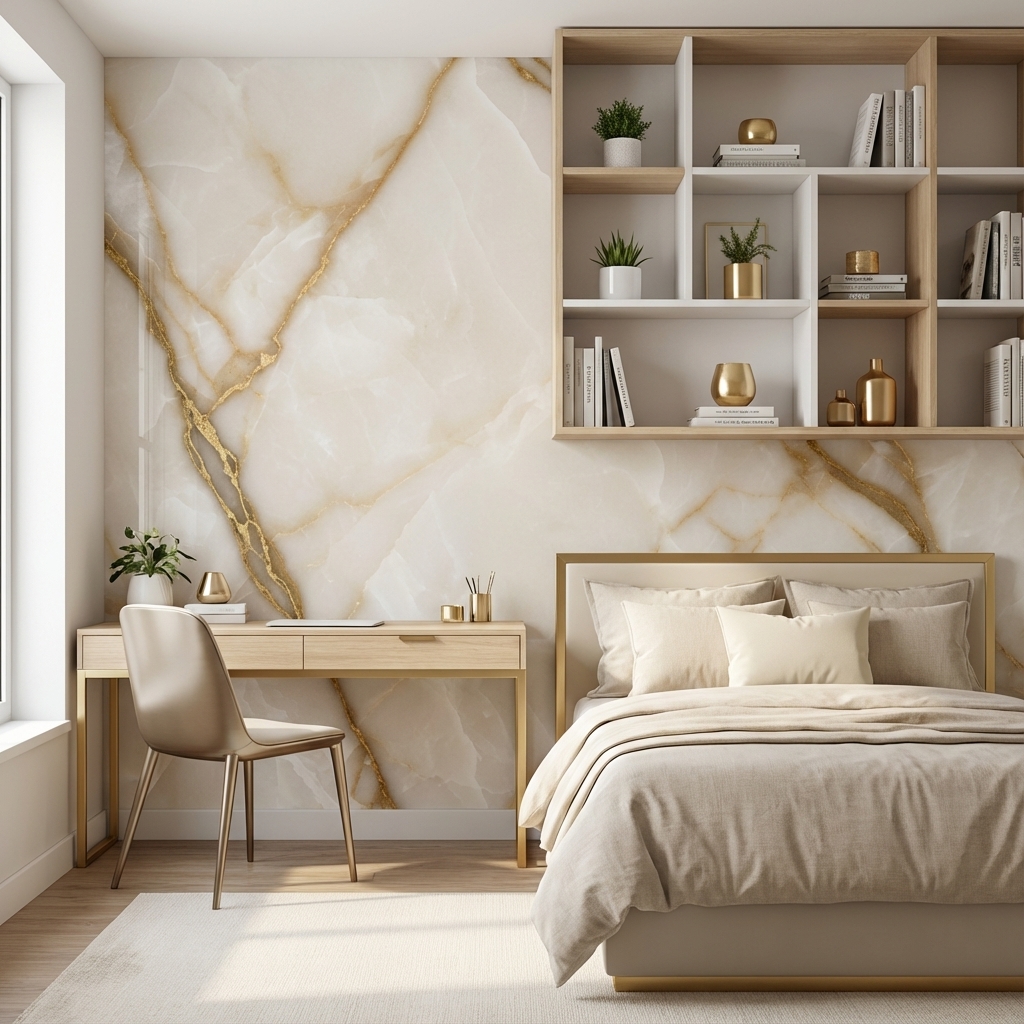 Altın Damarlı Krem Mermer Duvar Kağıdı – Lüks Modern Mermer Peel & Stick Duvar Kağıdı