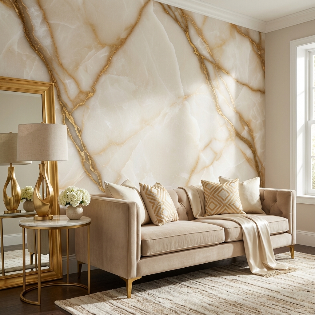 Altın Damarlı Krem Mermer Duvar Kağıdı – Lüks Modern Mermer Peel & Stick Duvar Kağıdı
