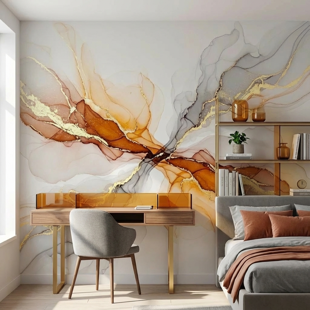 Altın Detaylı Soyut Akış Duvar Kağıdı – Modern Lüks Abstract Peel & Stick Duvar Kağıdı