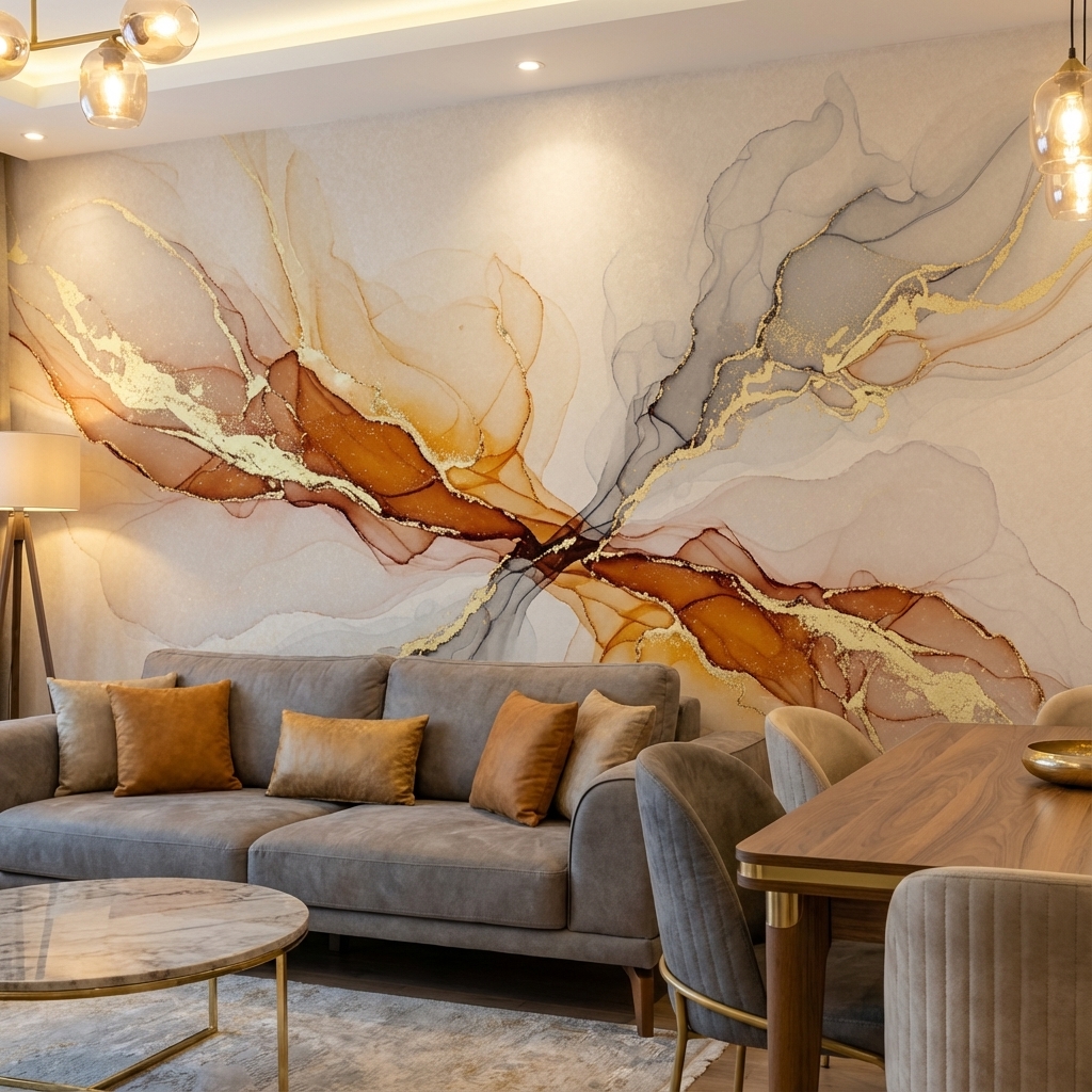 Altın Detaylı Soyut Akış Duvar Kağıdı – Modern Lüks Abstract Peel & Stick Duvar Kağıdı