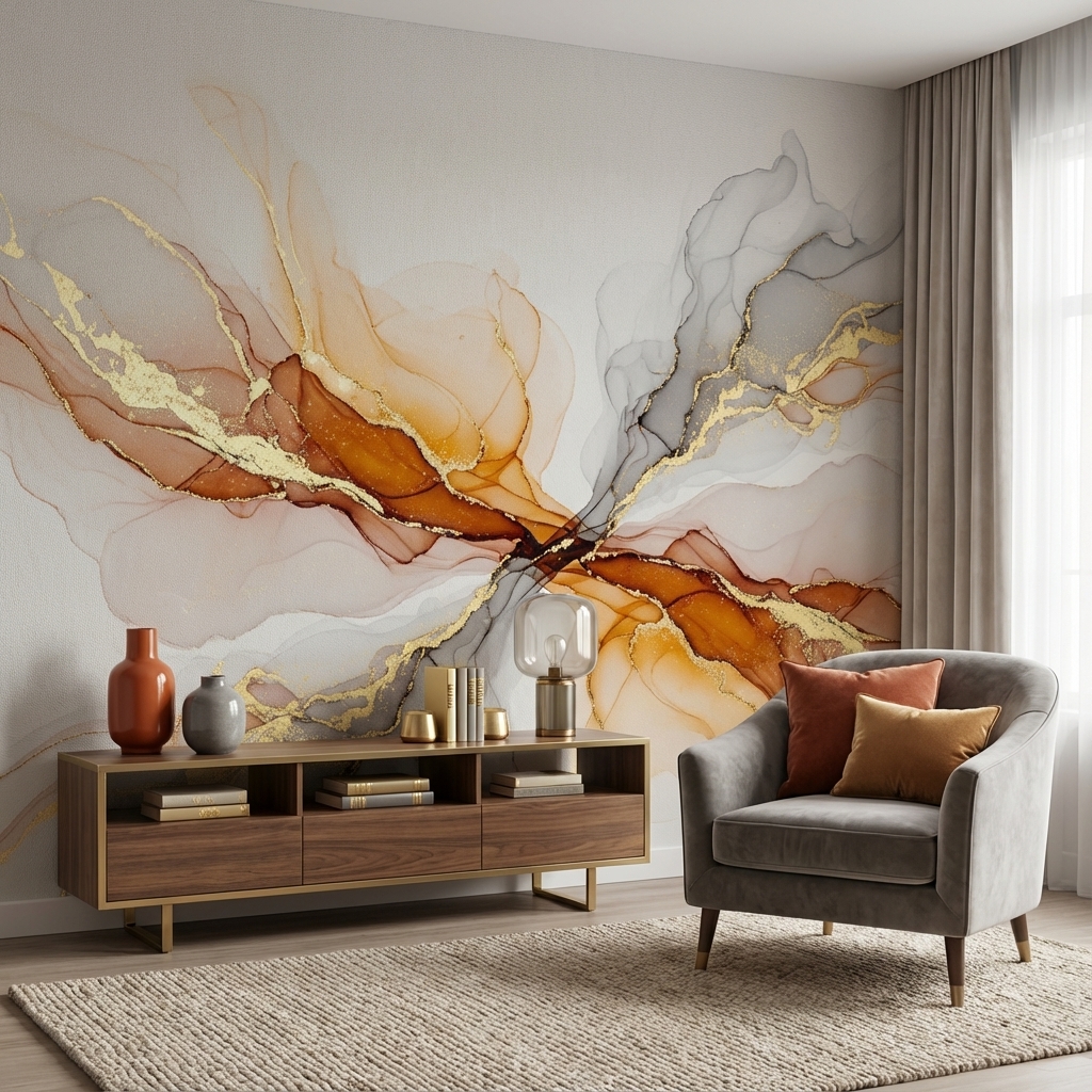 Altın Detaylı Soyut Akış Duvar Kağıdı – Modern Lüks Abstract Peel & Stick Duvar Kağıdı