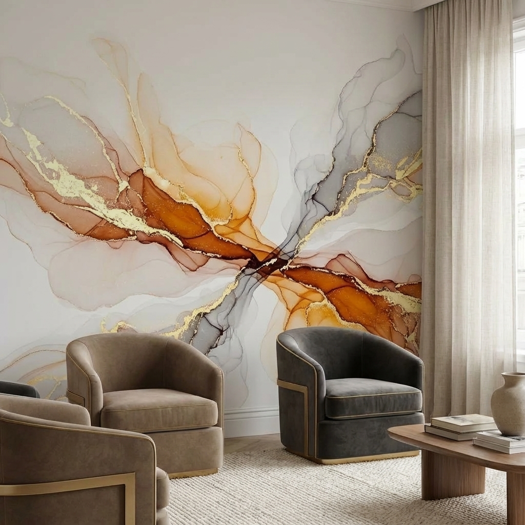 Altın Detaylı Soyut Akış Duvar Kağıdı – Modern Lüks Abstract Peel & Stick Duvar Kağıdı