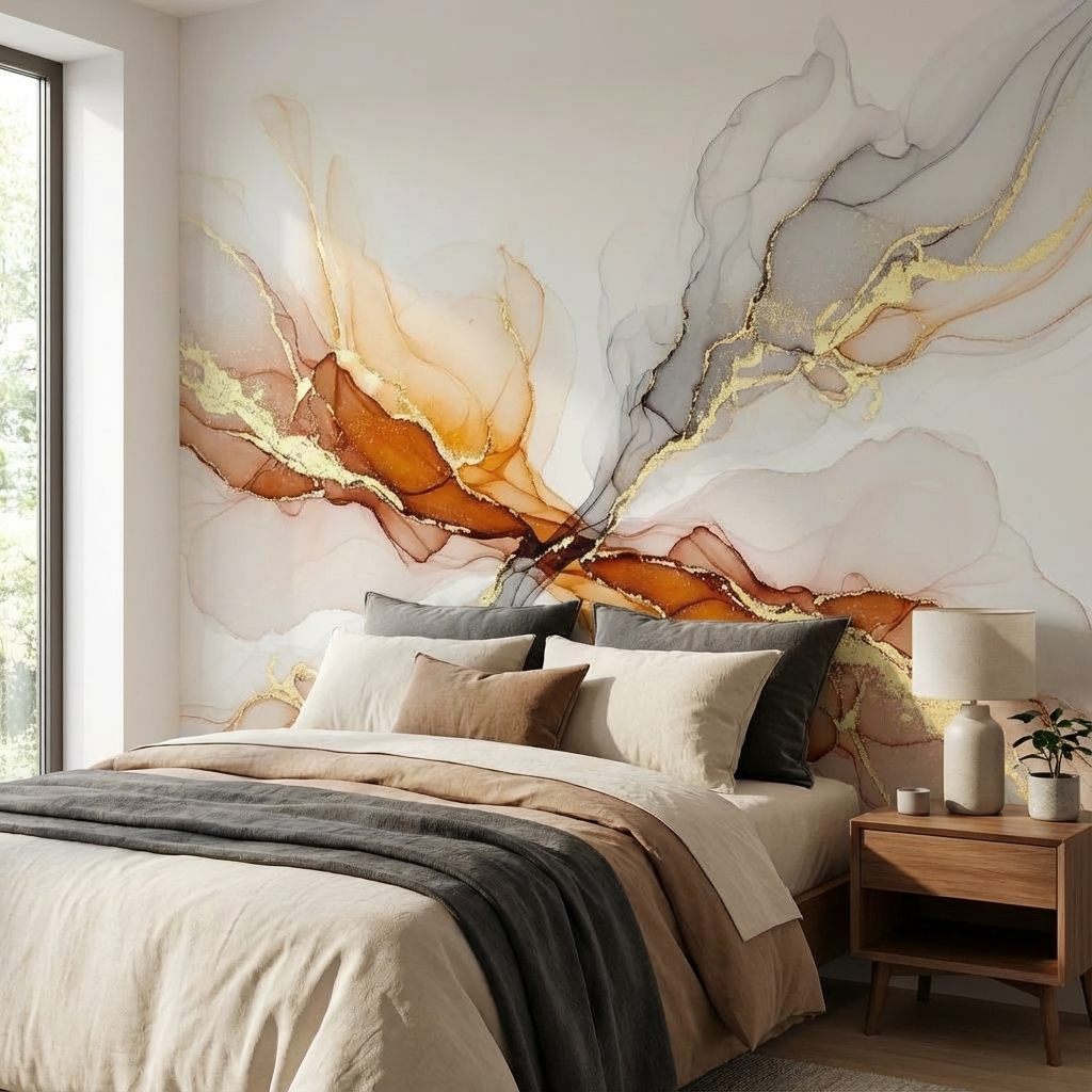 Altın Detaylı Soyut Akış Duvar Kağıdı – Modern Lüks Abstract Peel & Stick Duvar Kağıdı