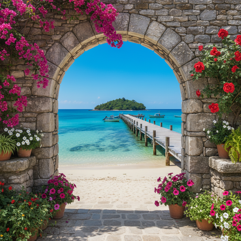 Taş Kemer ve Tropikal Plaj Manzarası Duvar Kağıdı