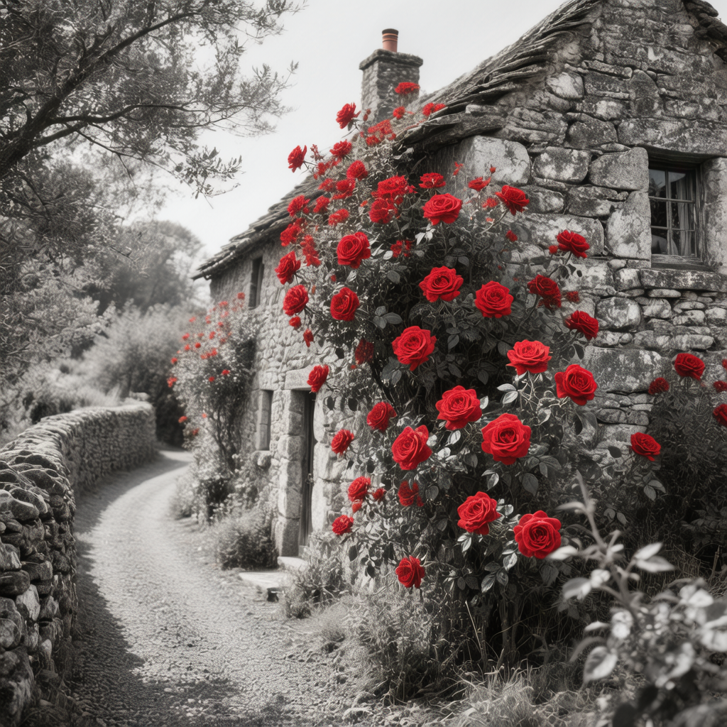 Siyah Beyaz Ev ve Kırmızı Güller Vintage Duvar Kağıdı