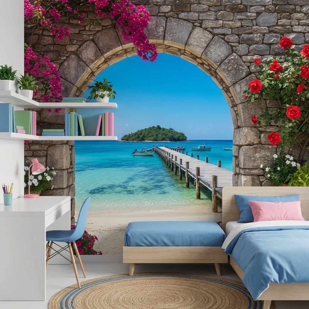 Taş Kemer ve Tropikal Plaj Manzarası Duvar Kağıdı