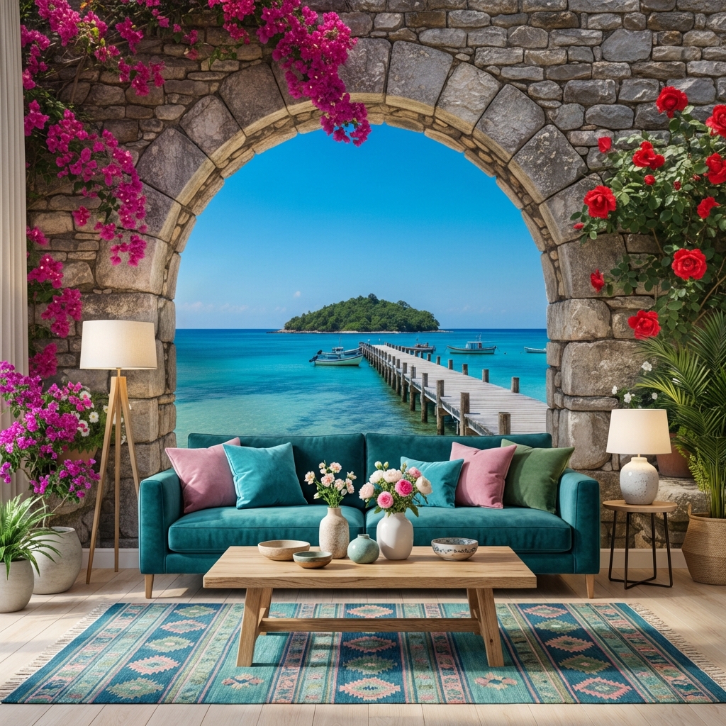 Taş Kemer ve Tropikal Plaj Manzarası Duvar Kağıdı