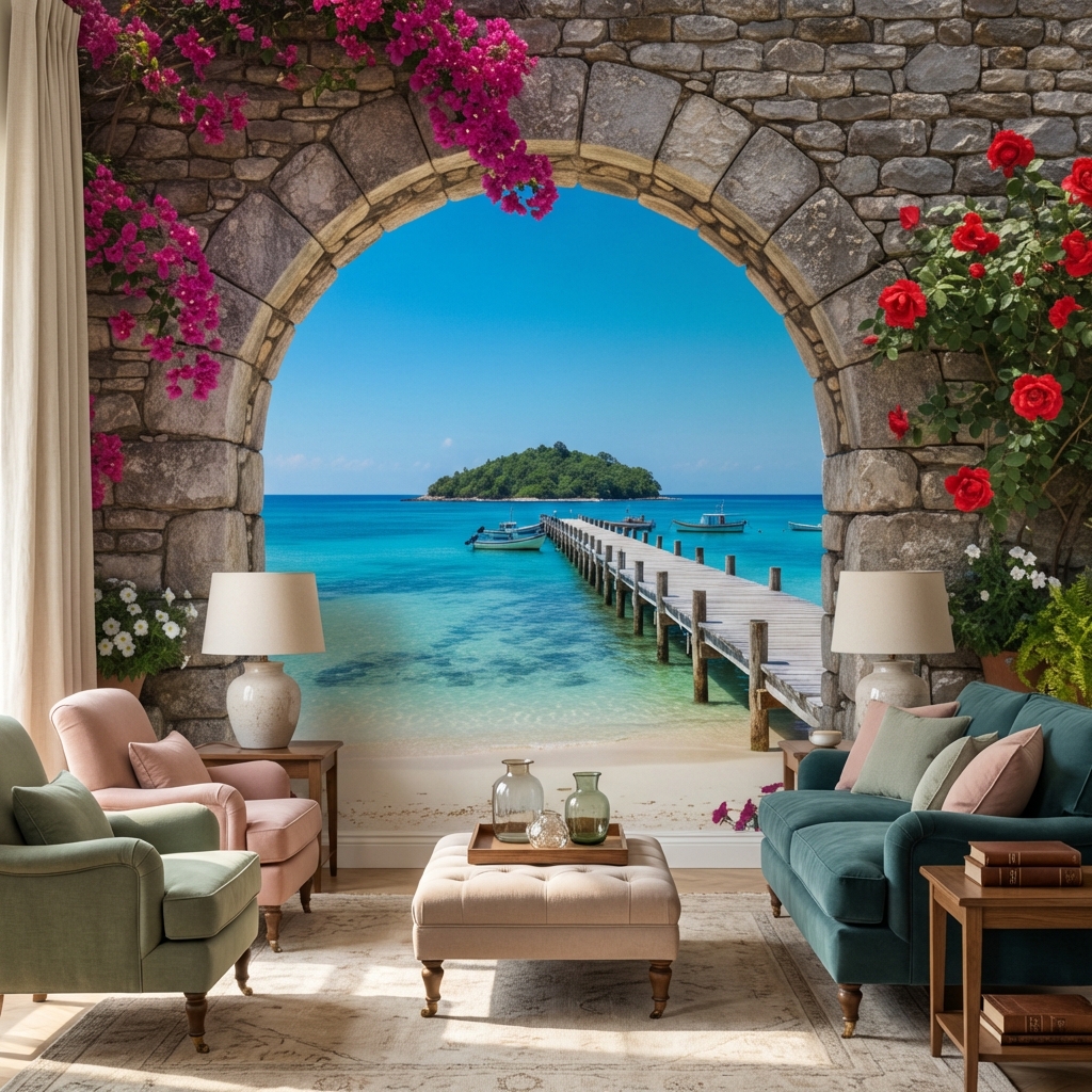 Taş Kemer ve Tropikal Plaj Manzarası Duvar Kağıdı