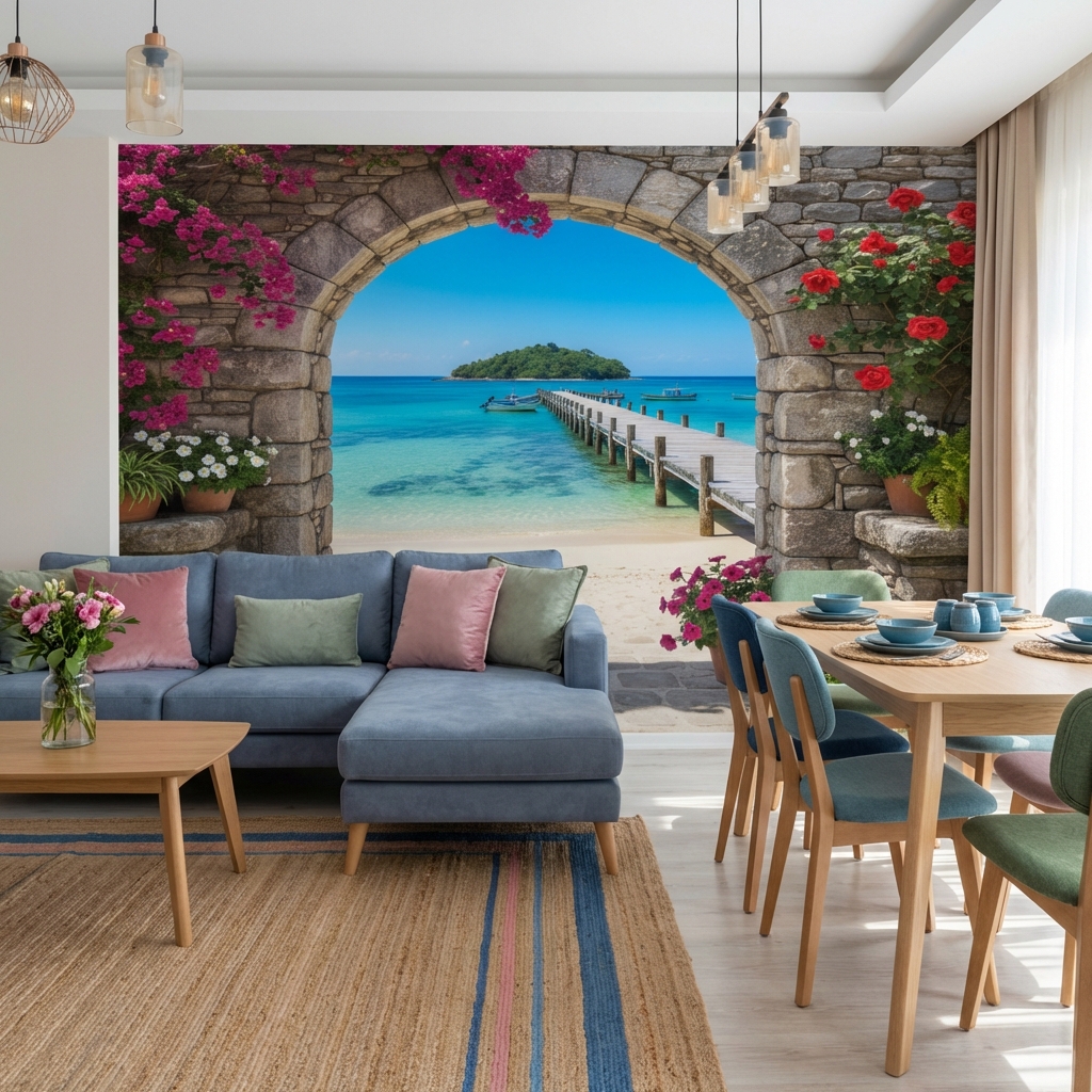 Taş Kemer ve Tropikal Plaj Manzarası Duvar Kağıdı