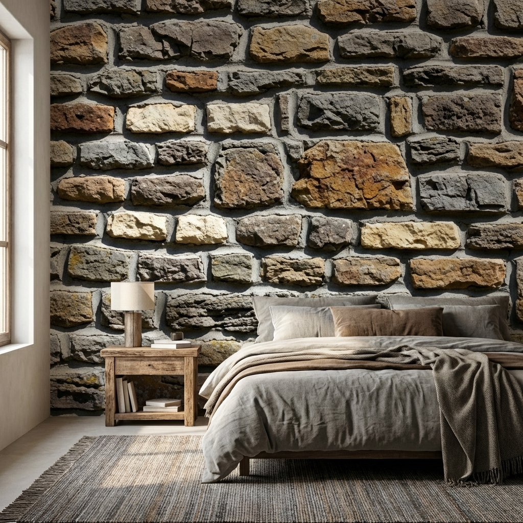 Gerçekçi Taş Duvar Görünümlü Modern Duvar Kağıdı