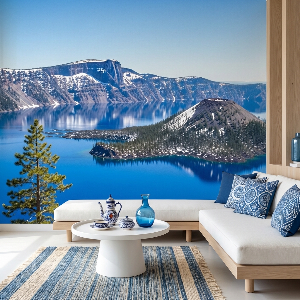Mavi Göl ve Dağ Manzarası Doğa Temalı Duvar Kağıdı