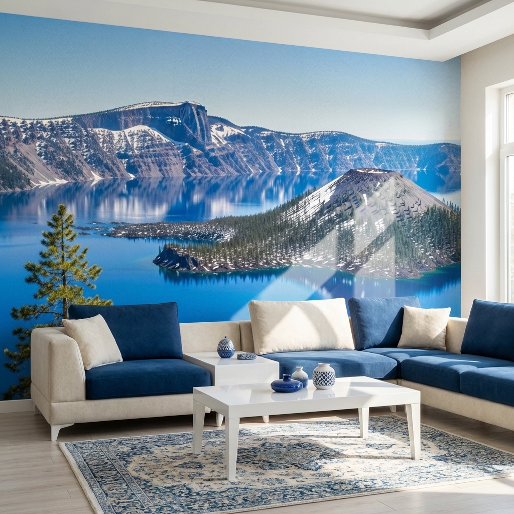 Mavi Göl ve Dağ Manzarası Doğa Temalı Duvar Kağıdı