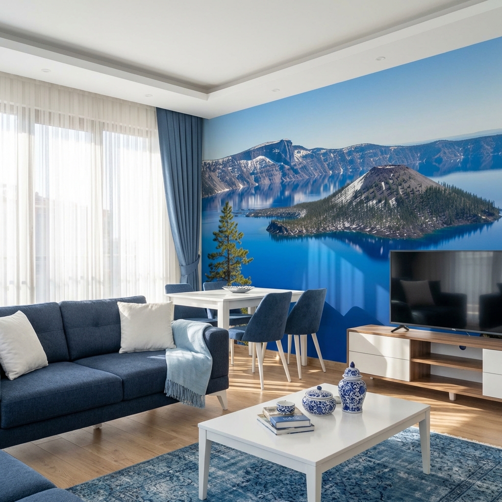 Mavi Göl ve Dağ Manzarası Doğa Temalı Duvar Kağıdı