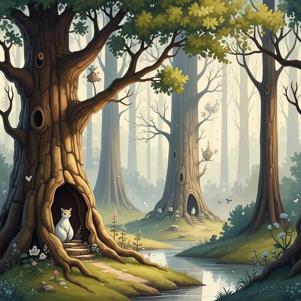 Masalsı Orman Ağaç Evleri Duvar Kağıdı – Peel & Stick Çocuk Odası Duvar Kağıdı