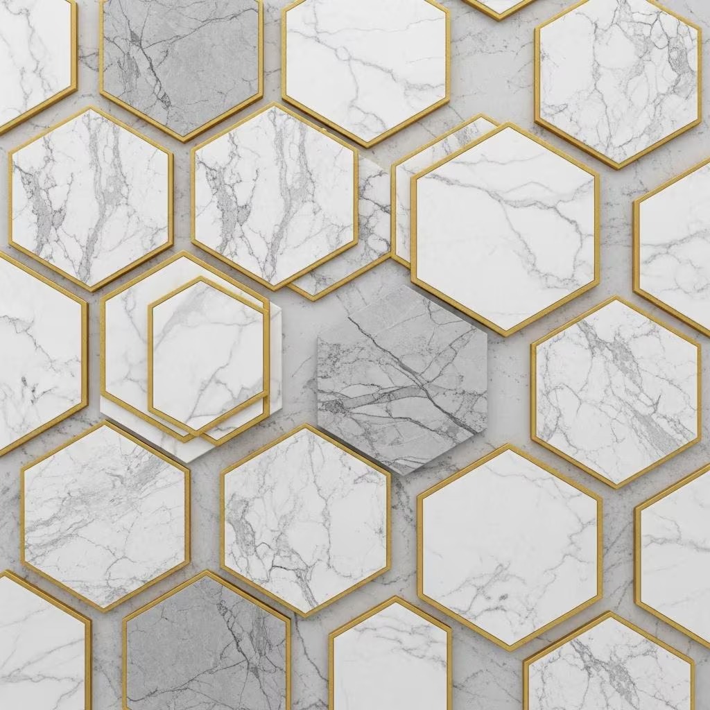 Altın Çerçeveli Mermer Altıgen Duvar Kağıdı – Modern Geometrik Lüks Peel & Stick